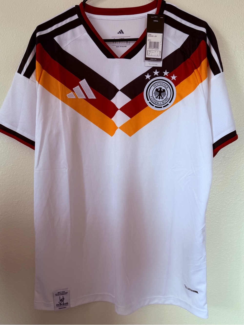 adidas Men’s White Germany Football Jersey with Black, Red and Gold Chevron